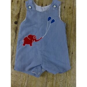 Vintage Blue Seersucker Elephant Balloon Romper Jumper‎ Baby Boy Girl 12 Months